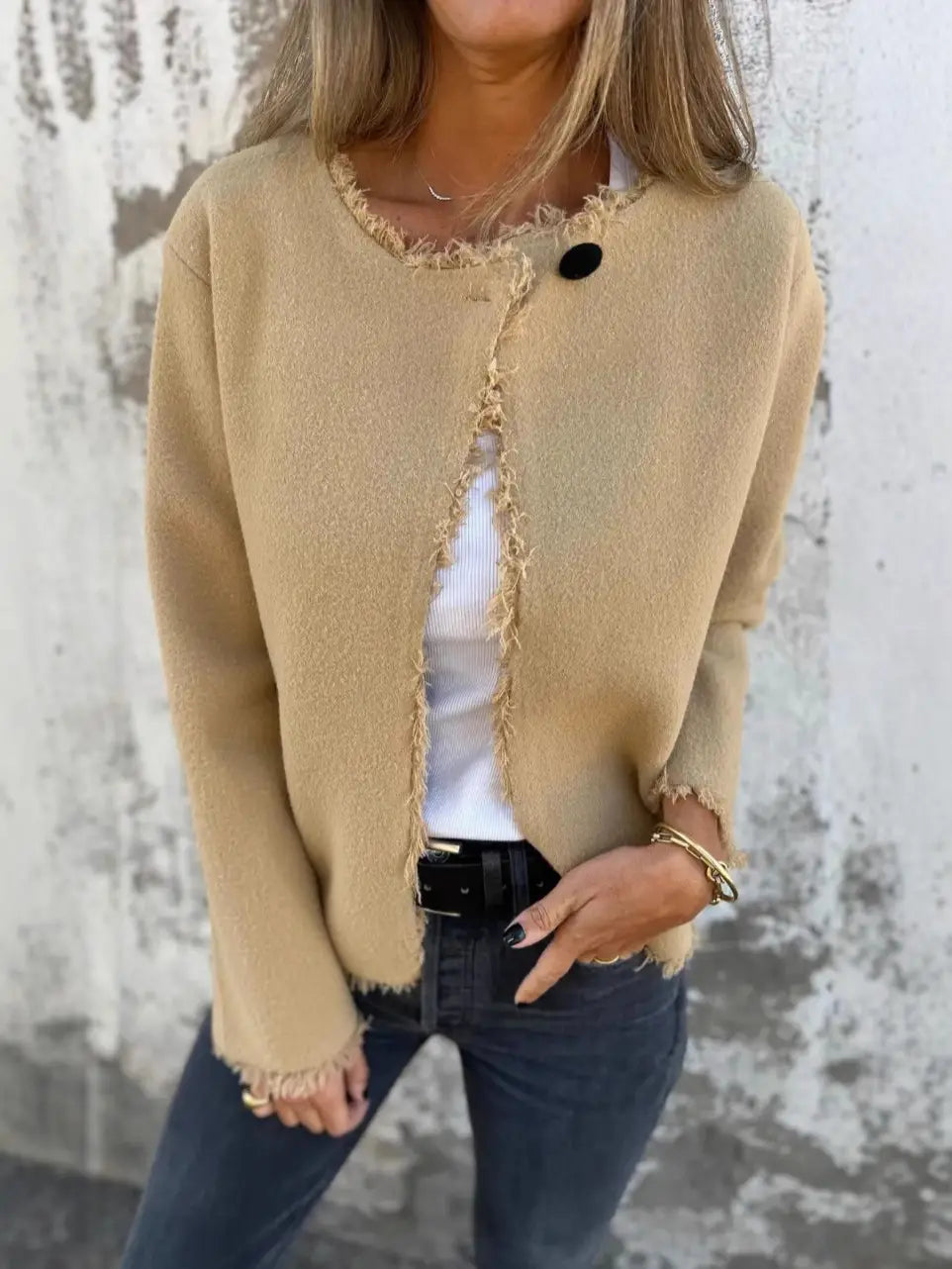 Women Khaki Woolen Crewneck Jacket Long Sleeve Casual