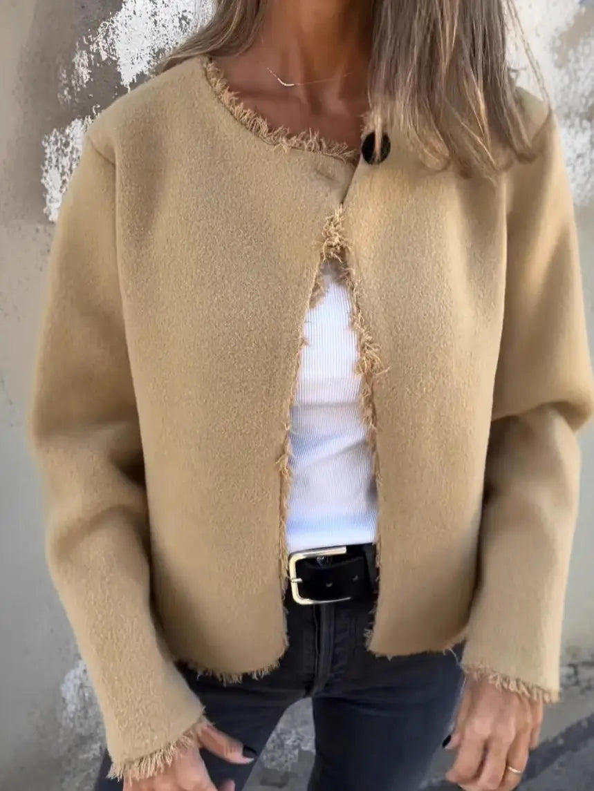 Women Khaki Woolen Crewneck Jacket Long Sleeve Casual
