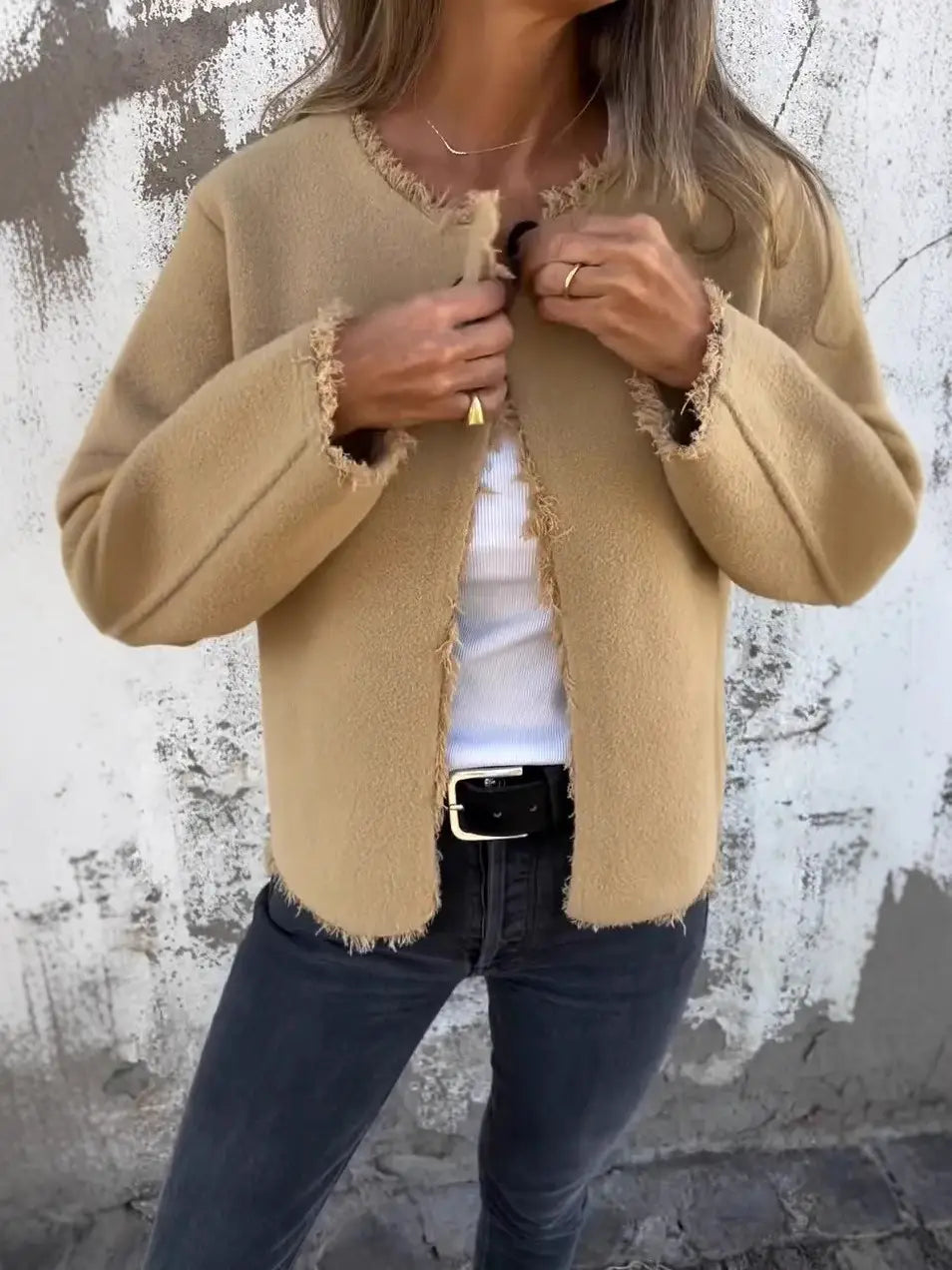 Women Khaki Woolen Crewneck Jacket Long Sleeve Casual