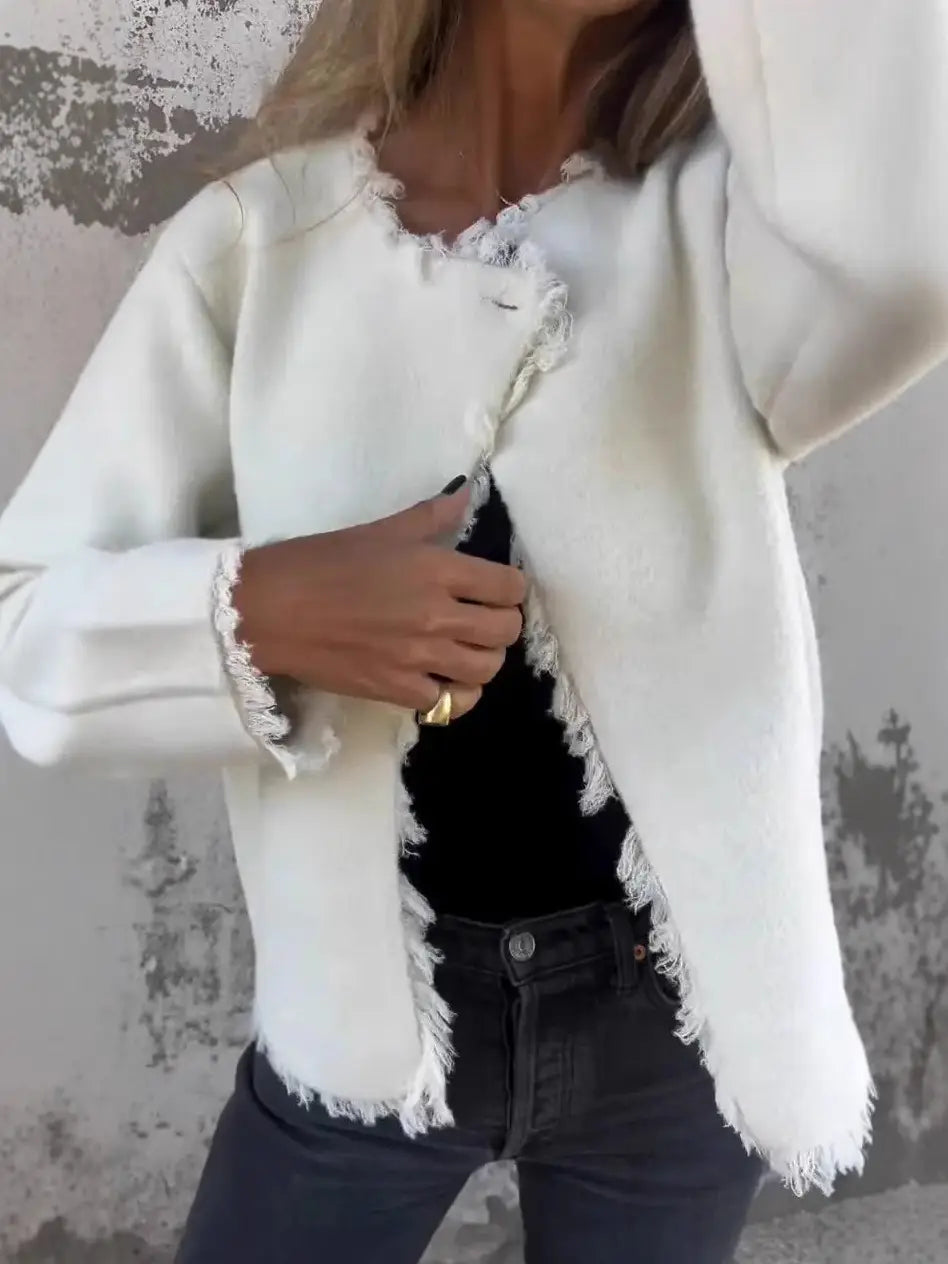 Women Khaki Woolen Crewneck Jacket Long Sleeve Casual
