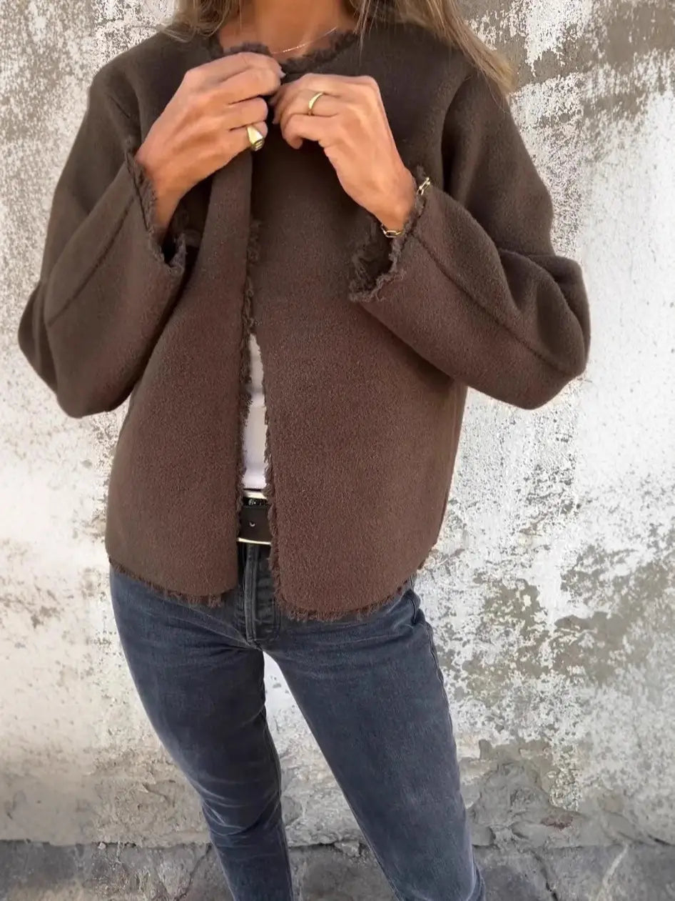 Women Khaki Woolen Crewneck Jacket Long Sleeve Casual