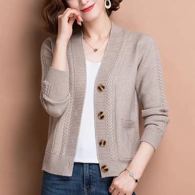 Women Knitted Cardigan Brown Button Autumn Style