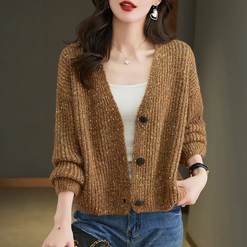 Women V Neck Knitted Cardigan Loose Fit Winter Brown