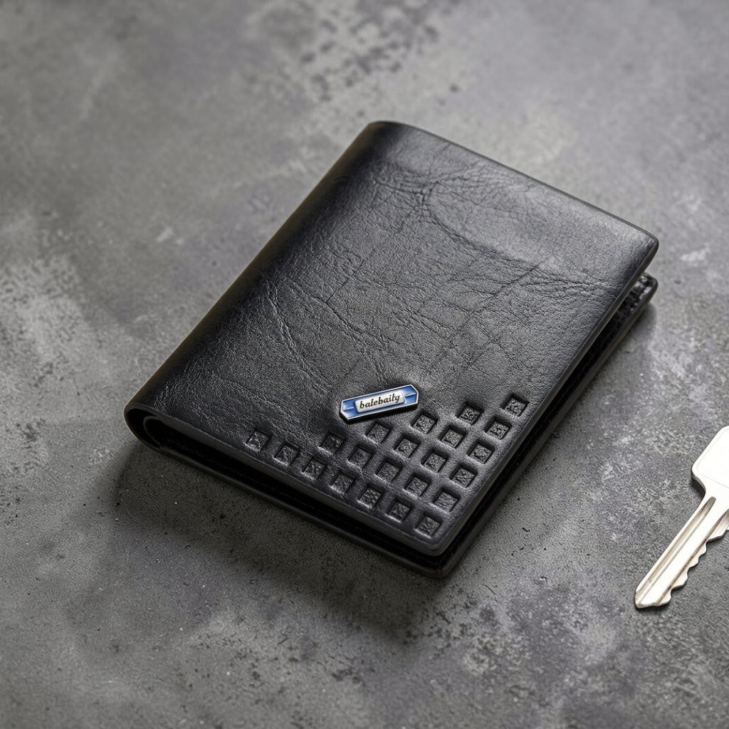 Unisex Square Pattern PU Leather Bifold Wallet – Compact Card & Cash Purse in Black