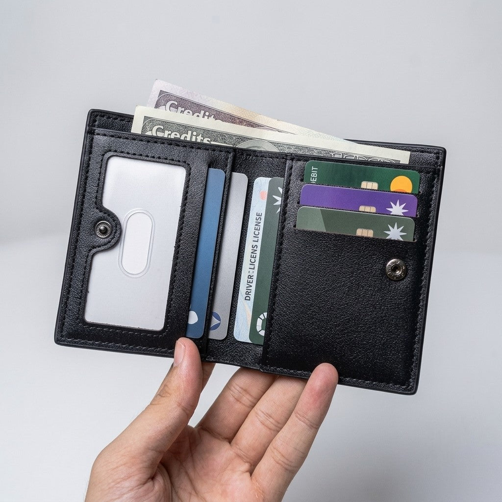 Unisex Square Pattern PU Leather Bifold Wallet – Compact Card & Cash Purse in Black