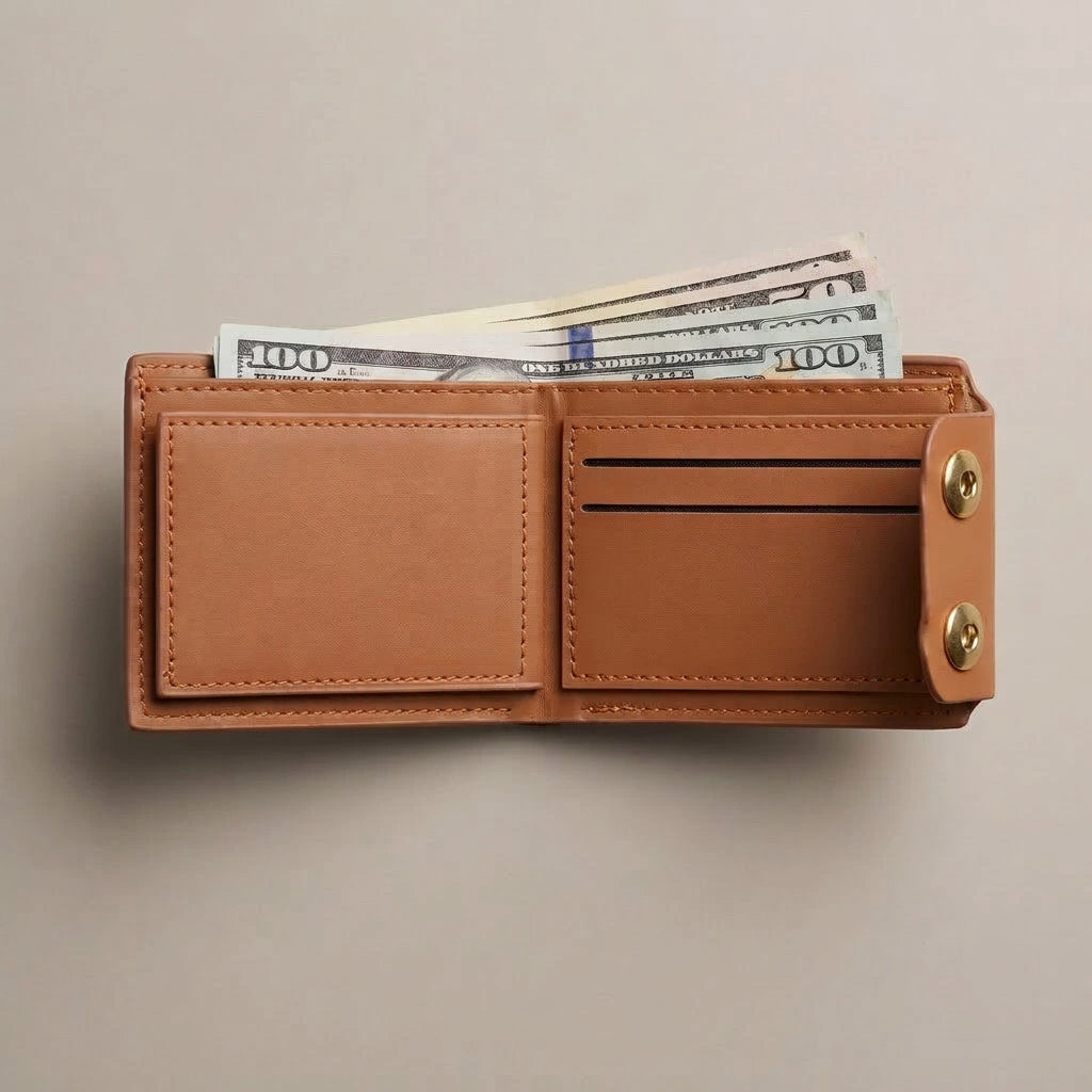 Men's Baellerry Leather Wallet – Double Button Closure, Zipper Pocket & 6 Card Slots