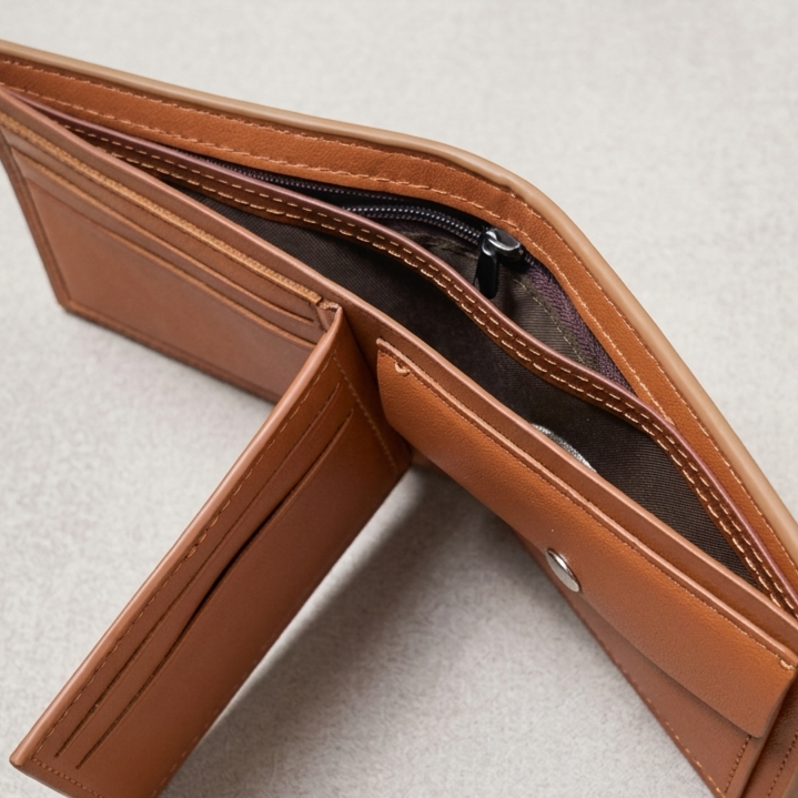 Men's Baellerry Leather Wallet – Double Button Closure, Zipper Pocket & 6 Card Slots