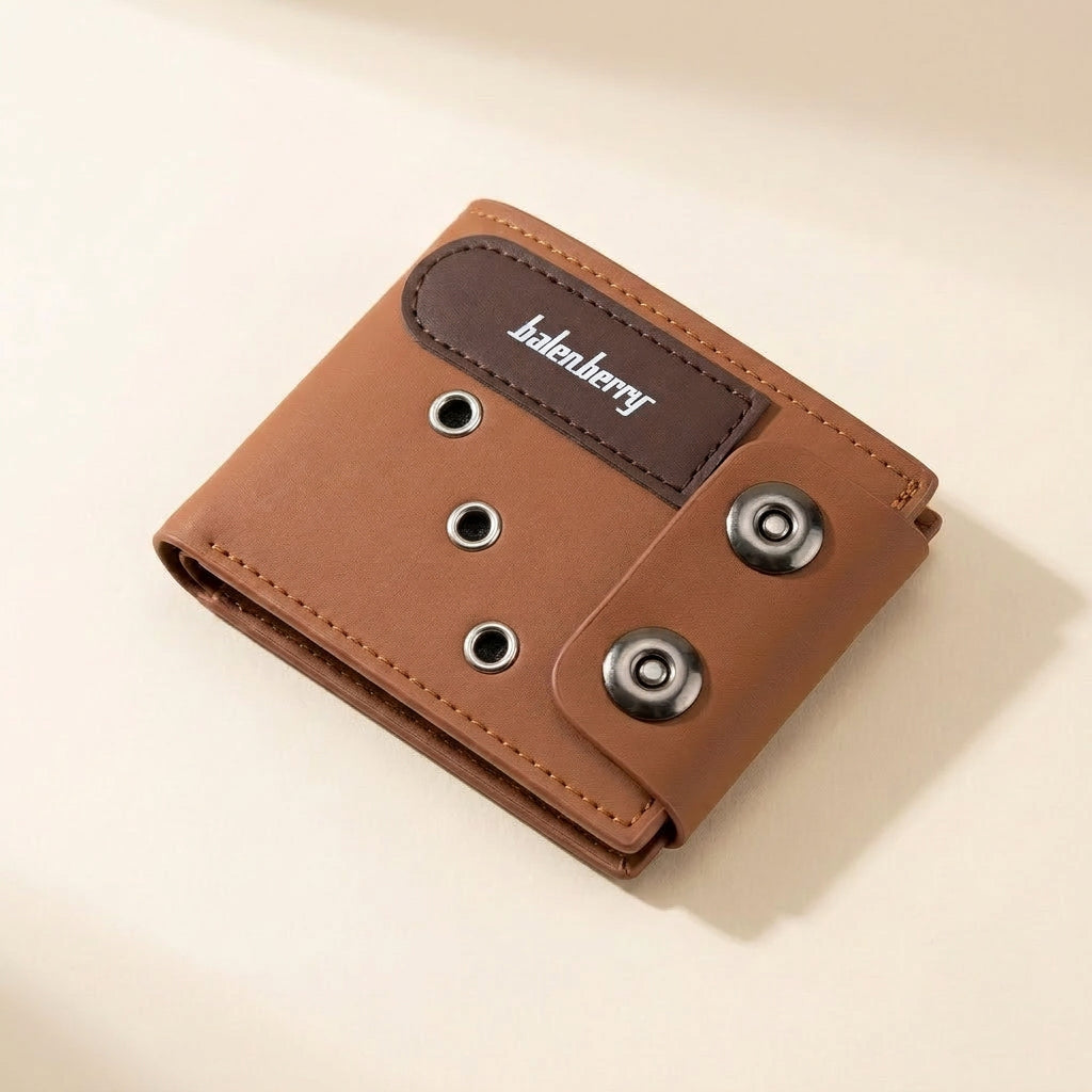 Men's Baellerry Leather Wallet – Double Button Closure, Zipper Pocket & 6 Card Slots