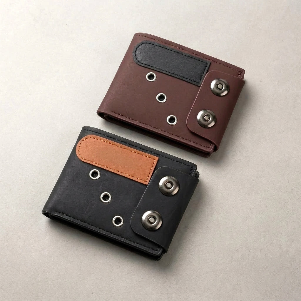 Men's Baellerry Leather Wallet – Double Button Closure, Zipper Pocket & 6 Card Slots